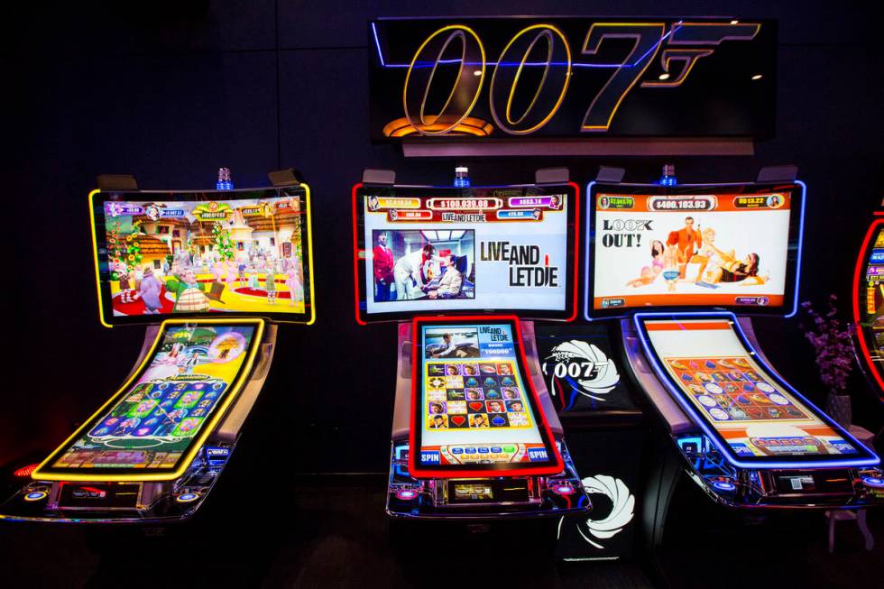 A pair of James Bond themed slot cabinets are seen in the Scientific Games showroom in Las Vega ...