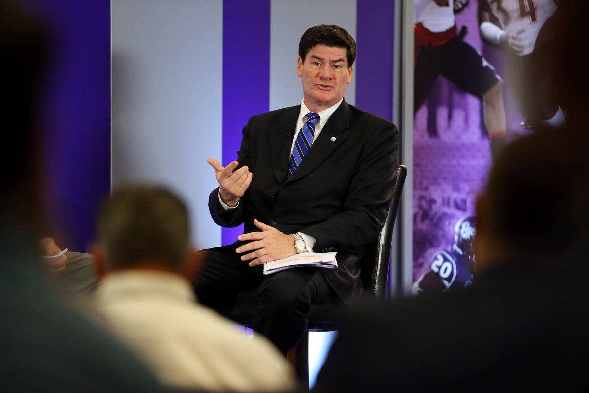 Commissioner Craig Thompson speaks during a press conference in the Mountain West Conference fo ...