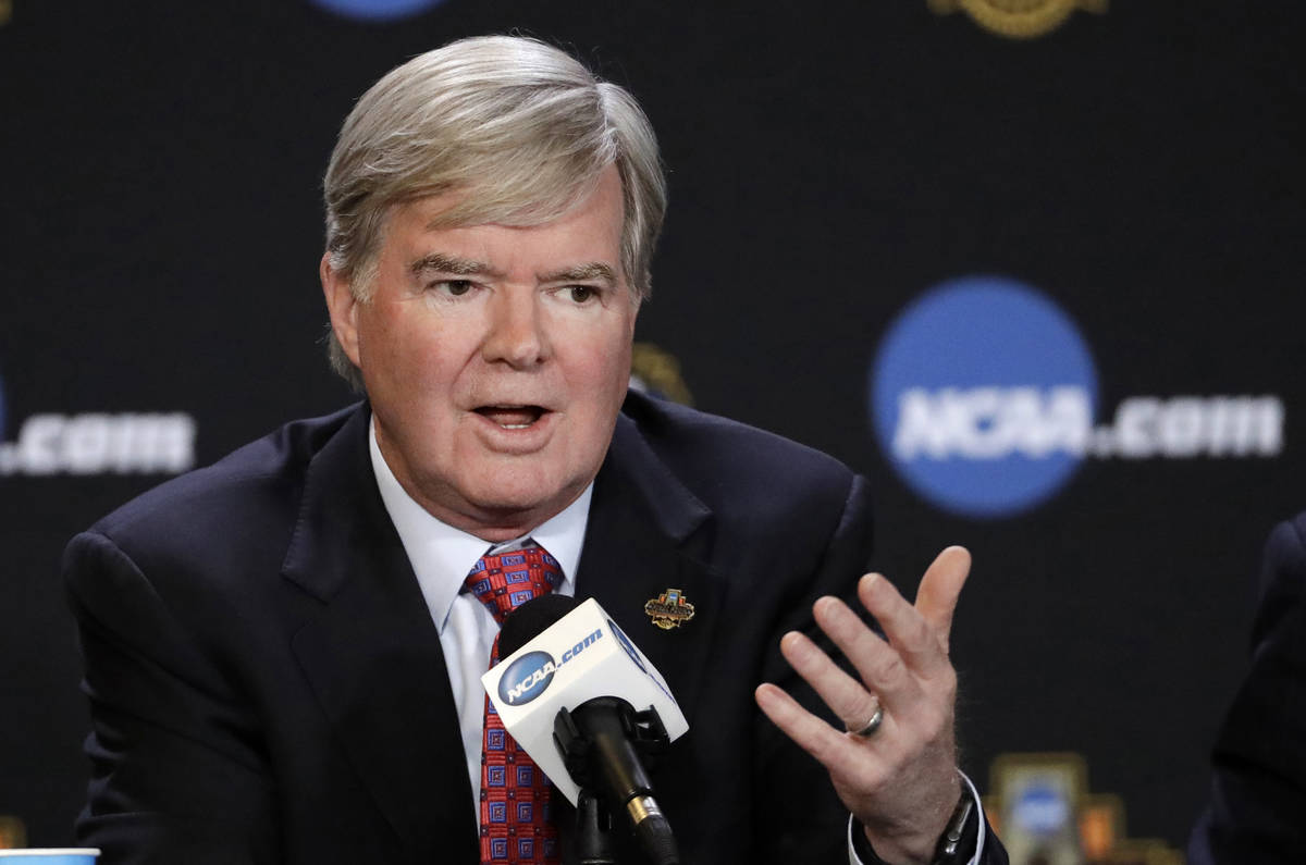 FILE - In this March 30, 2017, file photo, NCAA President Mark Emmert answers a question at a n ...