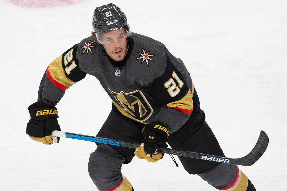 Vegas Golden Knights center Nick Cousins (21) skates up ice in the first period of an NHL hocke ...