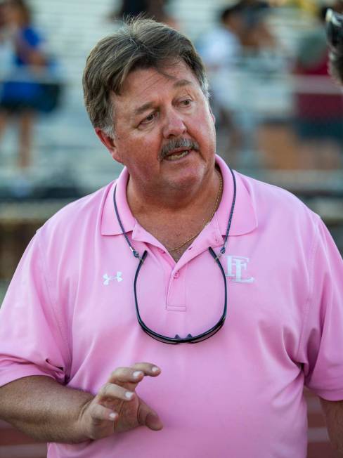 Faith Lutheran's head coach Bob Chinn on the sideline versus Arbor View during the second half ...