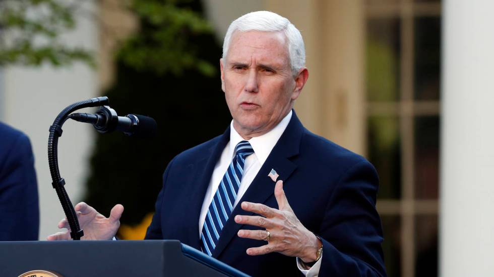 Vice President Mike Pence speaks about the coronavirus in the Rose Garden of the White House, W ...