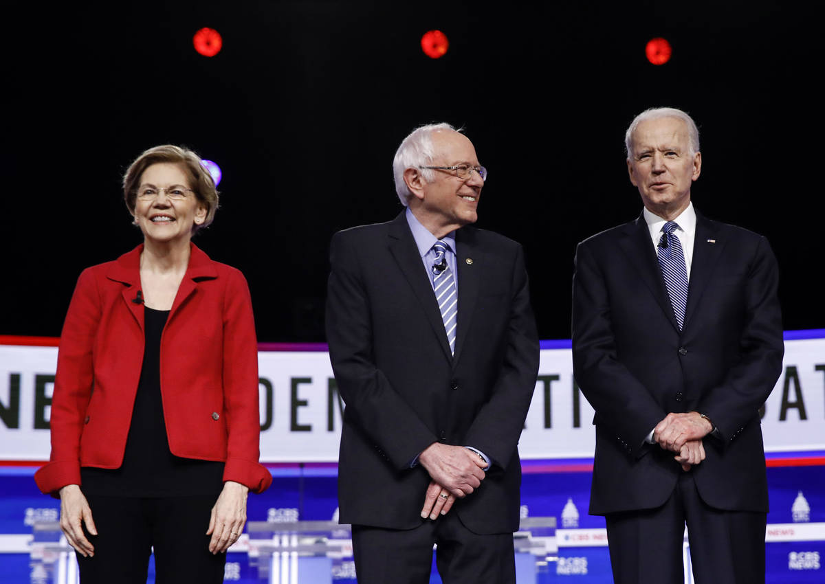 FILE - In this Feb. 25, 2020, file photo from left, Democratic presidential candidates, Sen. El ...