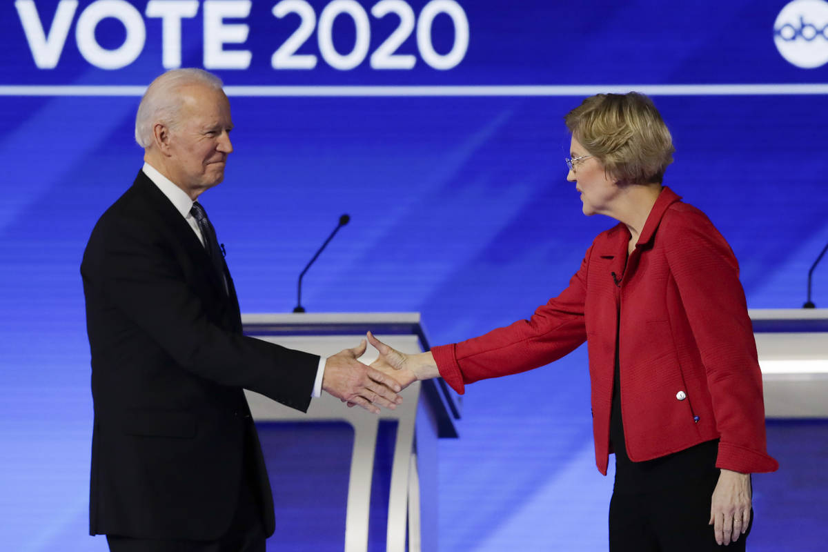 FILE- In this Feb. 7, 2020 file photo, Democratic presidential candidates former Vice President ...