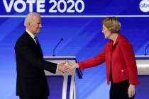 FILE- In this Feb. 7, 2020 file photo, Democratic presidential candidates former Vice President ...