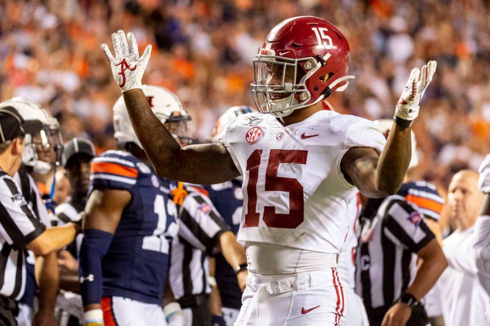 Alabama defensive back Xavier McKinney (15) reacts to the refs during the second half of an NCA ...