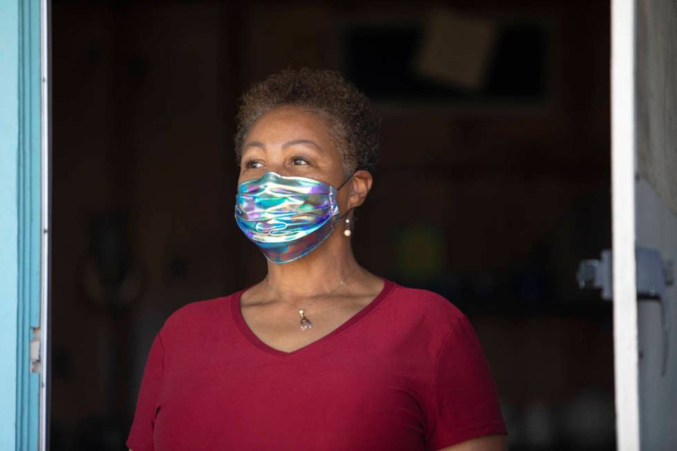 Kismet Evans stand for a portrait in her doorway on Thursday, April 16, 2020, in Las Vegas. Eva ...