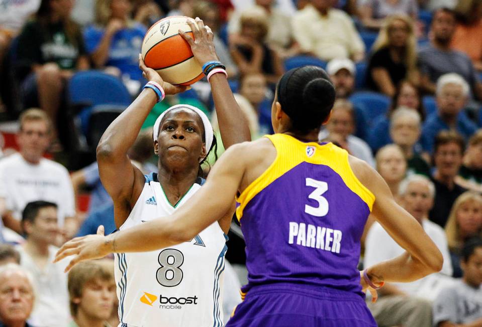 Minnesota Lynx forward Taj McWilliams-Franklin (8) shoots against Los Angeles Sparks forward Ca ...