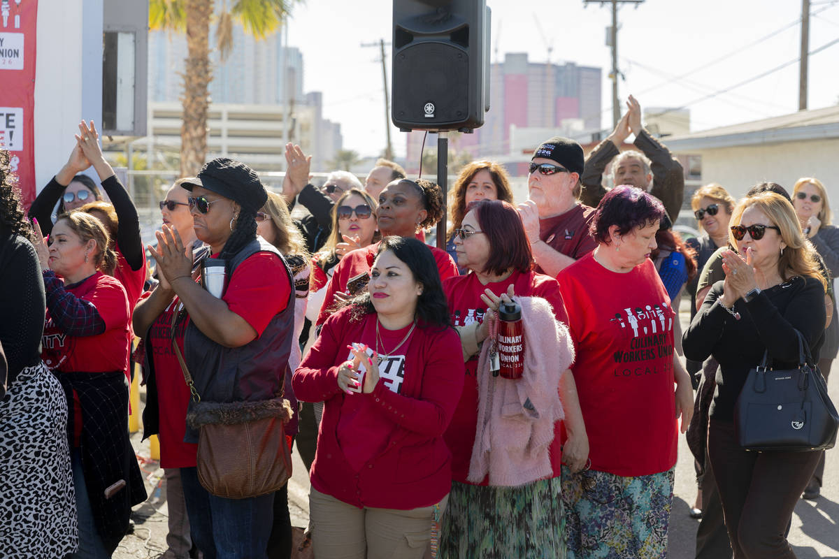 Members of Culinary Workers Union, Local 226, clap while Geoconda Arguello-Kline, secretary-tre ...