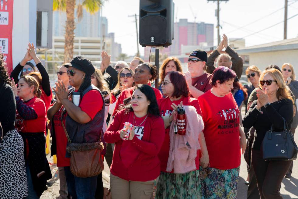 Members of Culinary Workers Union, Local 226, clap while Geoconda Arguello-Kline, secretary-tre ...