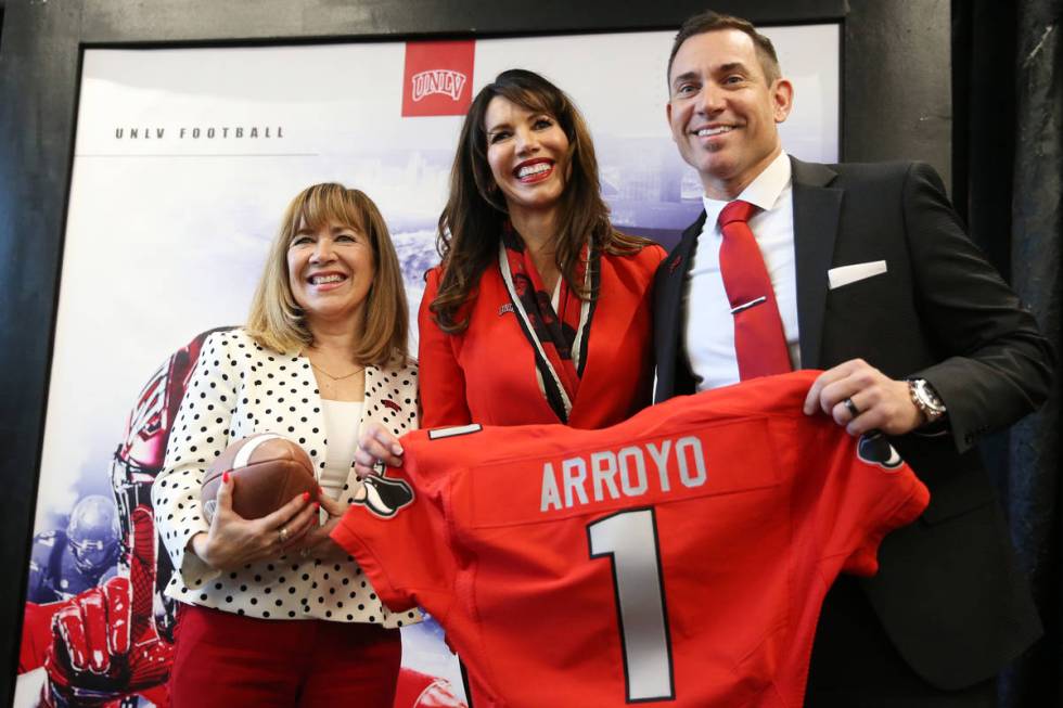 UNLV's President Marta Meana, from left, Athletic Director Desiree Reed-Francois, and new Footb ...