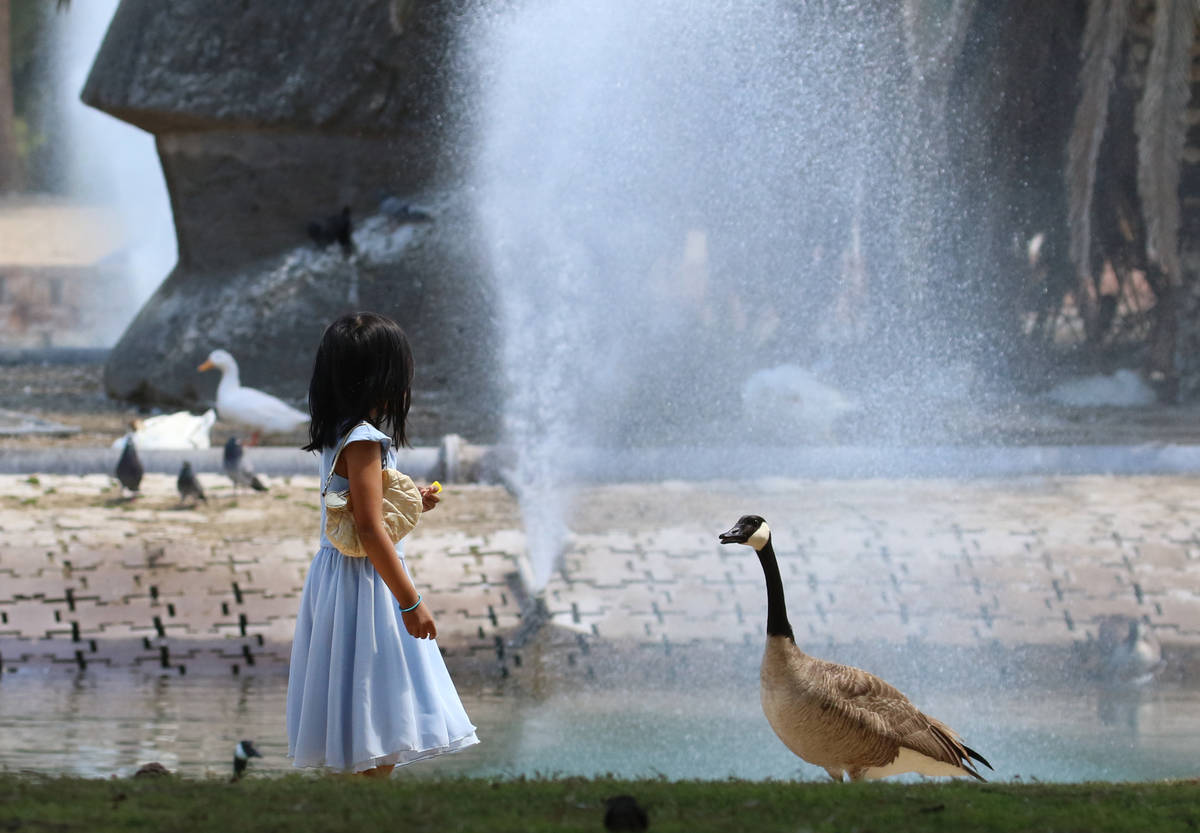 Rosario Miyu, 5, walks at Sunset Park during a sunny Friday, April 17, 2020, in Las Vegas. Frid ...