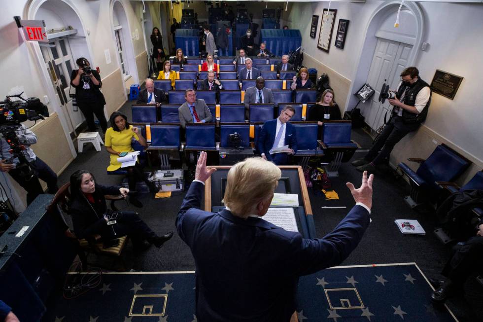 President Donald Trump speaks about the coronavirus in the James Brady Press Briefing Room of t ...