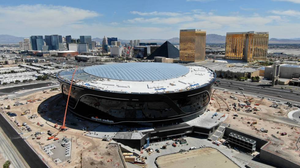 Aerial view of Allegiant Stadium with completed roof panel installation on Friday, April 17, 20 ...