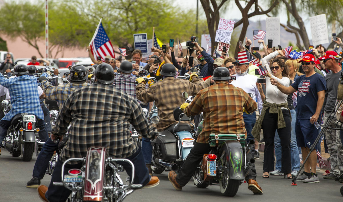 A pack of motorcyclists arrive to join the many others during the Reopen Nevada protest at the ...