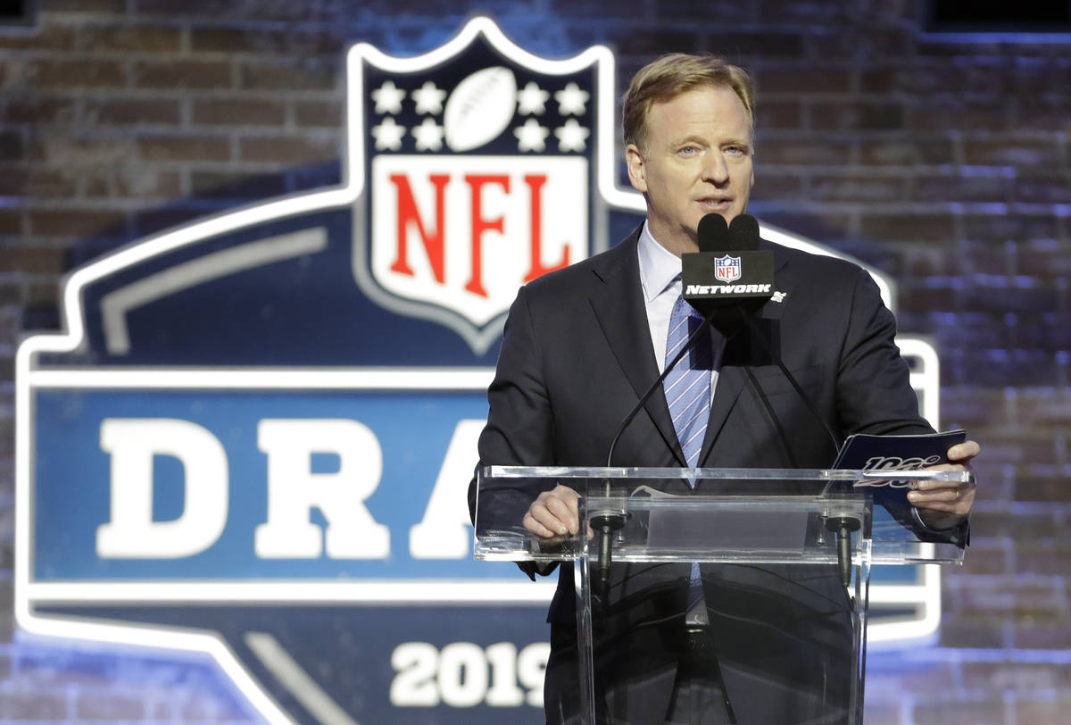 FILE - In this April 25, 2019, file photo, NFL Commissioner Roger Goodell speaks ahead of the f ...