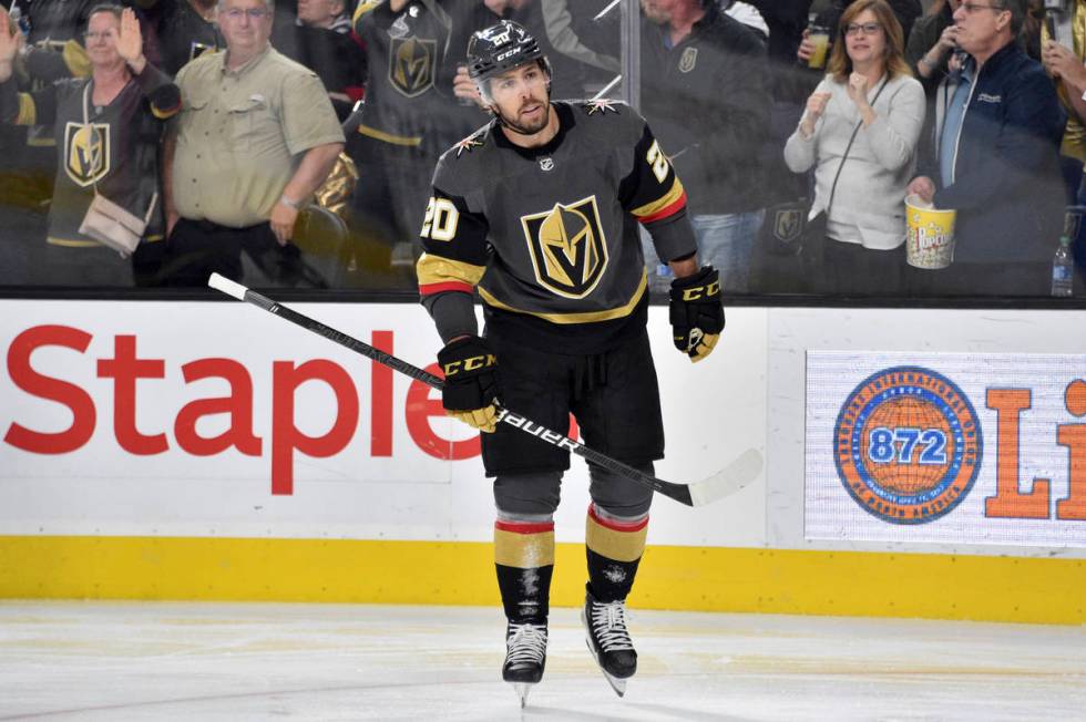 Vegas Golden Knights center Chandler Stephenson (20) skates against the Carolina Hurricanes dur ...