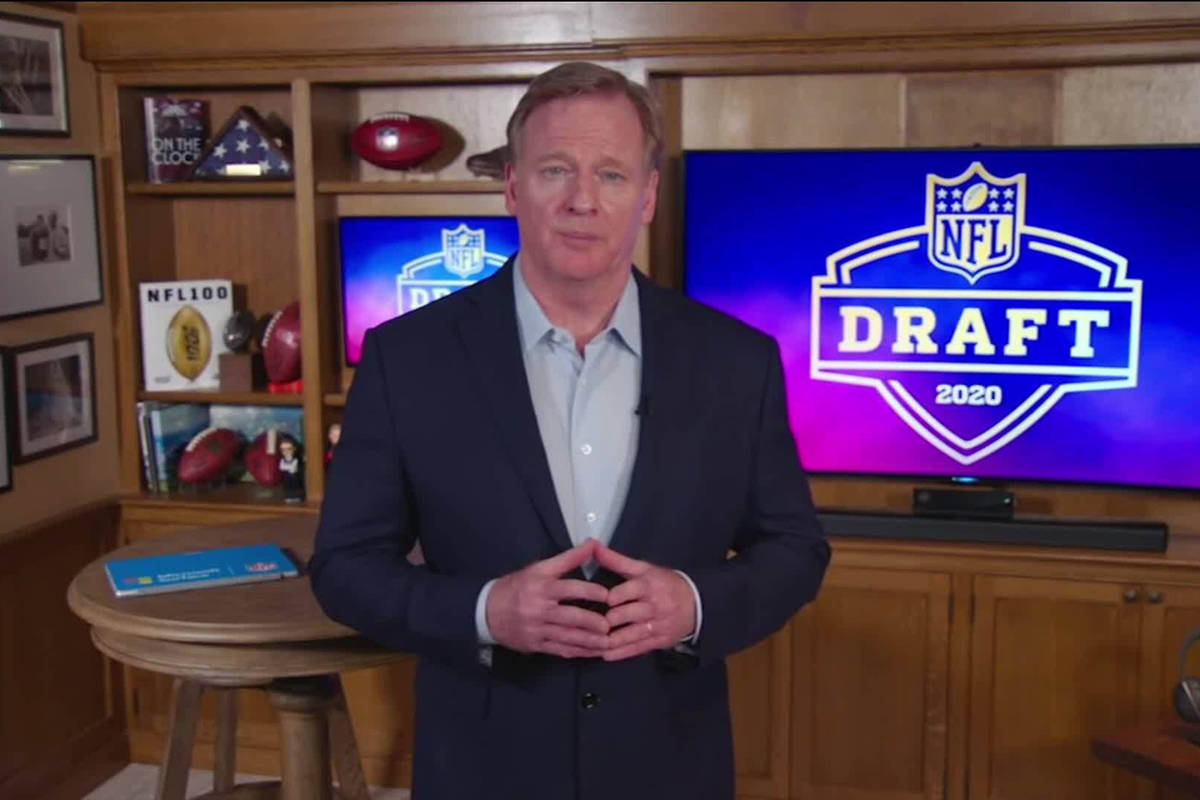 In this still image from video provided by the NFL, NFL Commissioner Roger Goodell speaks from ...