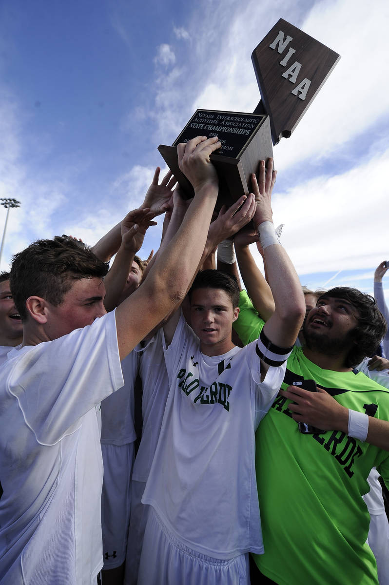 Palo Verde players celebrate their 2-1 victory over Valley during the Division I boys state soc ...