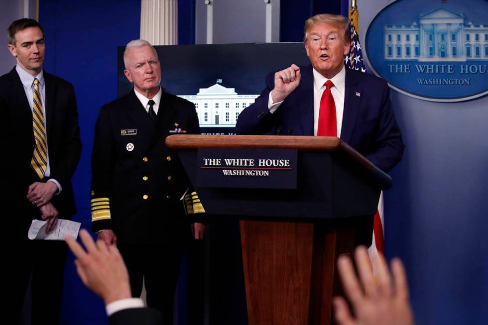 President Donald Trump speaks about the coronavirus in the James Brady Press Briefing Room of t ...