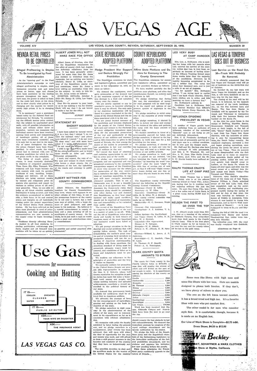 September 28, 1918 edition of the Las Vegas Age.