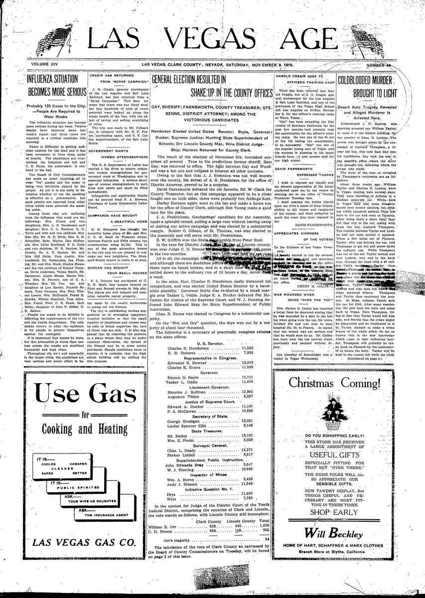 November 9, 1918 edition of the Las Vegas Age.