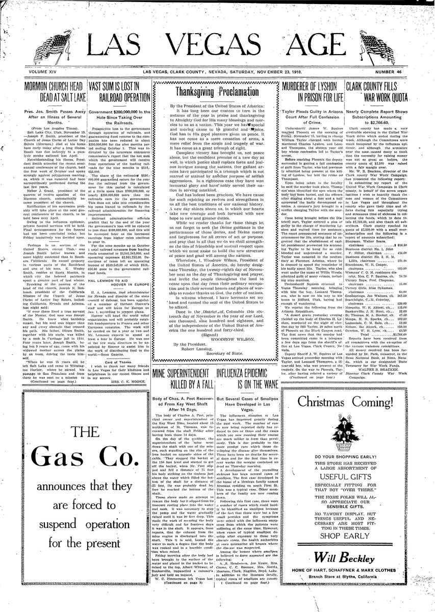 November 23, 1918 edition of the Las Vegas Age.