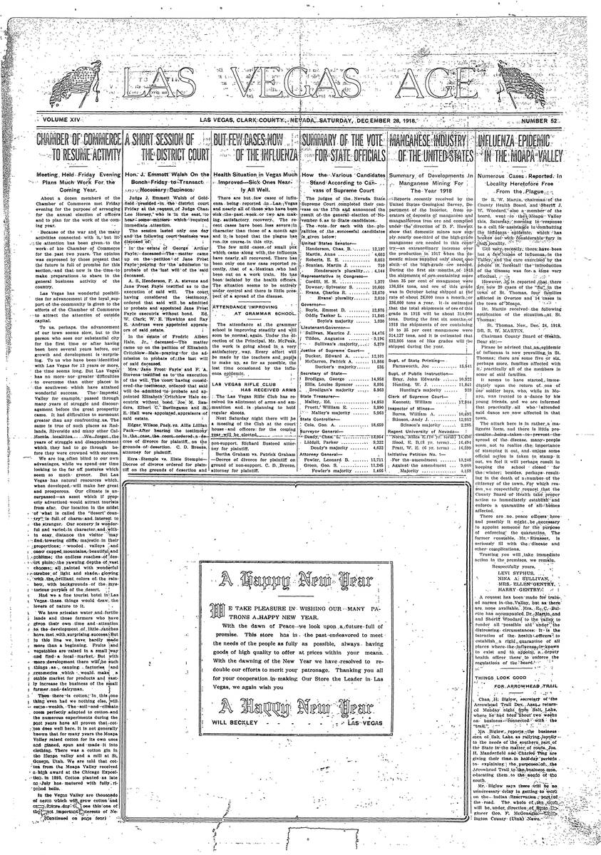 December 28, 1918 edition of the Las Vegas Age.