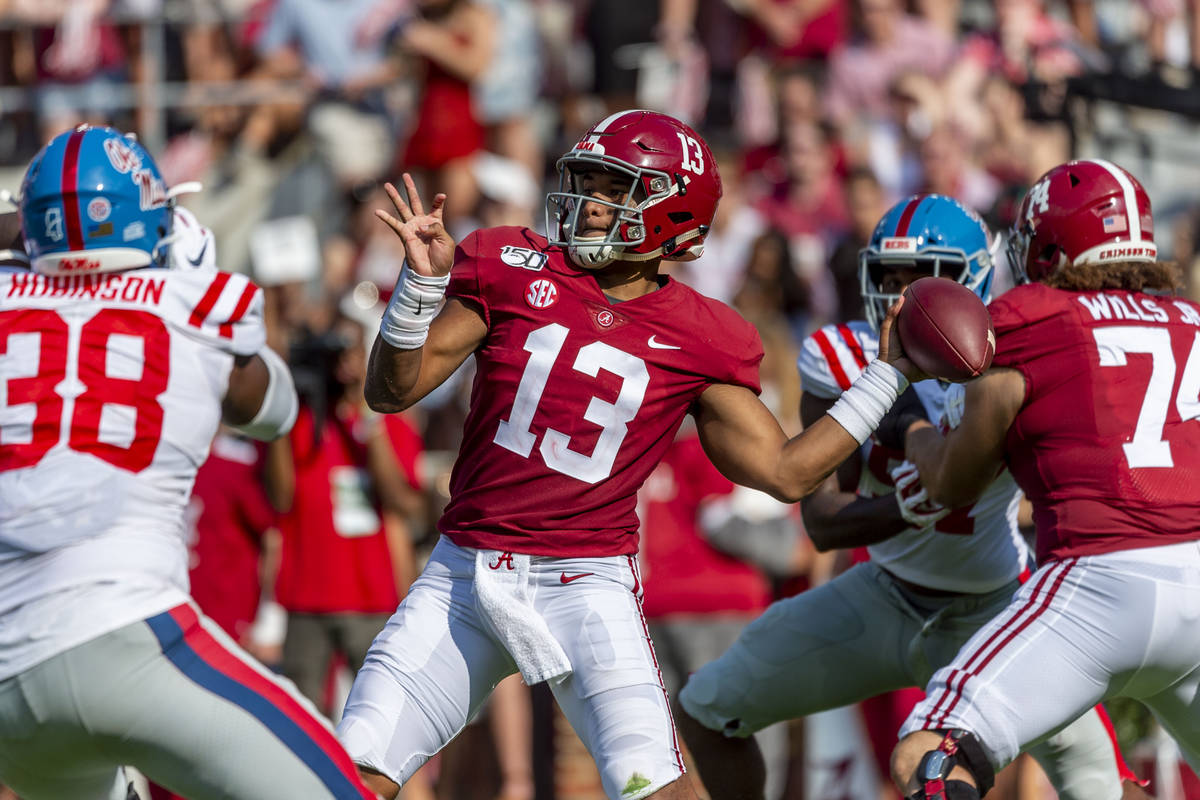 FILE - In this Sept. 28, 2019, file photo, Alabama quarterback Tua Tagovailoa (13) throws a pas ...