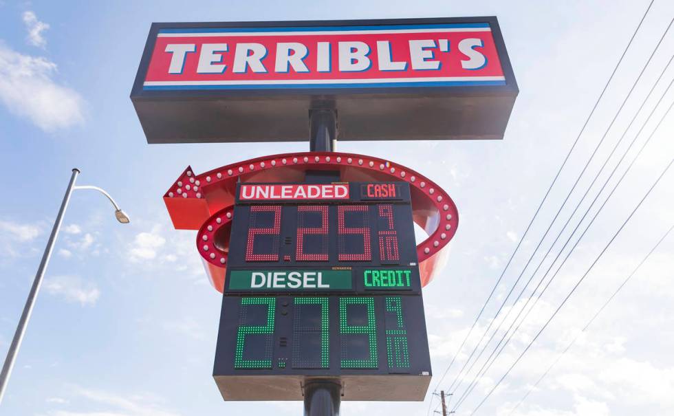 A sign flashing gasoline prices is seen at Terrible Herbst on St. Rose Pkwy., and South Marylan ...