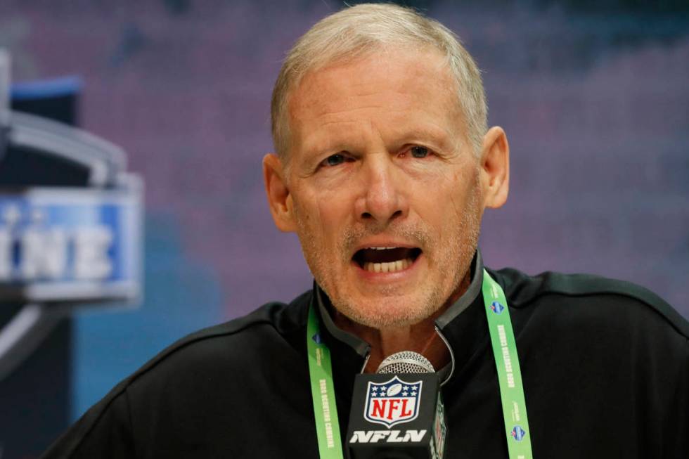 Las Vegas Raiders general manager Mike Mayock speaks during a press conference at the NFL footb ...