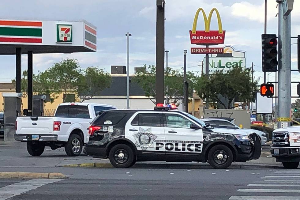 Las Vegas police investigate an officer-involved shooting on Tuesday, April 21, 2020, on the 40 ...