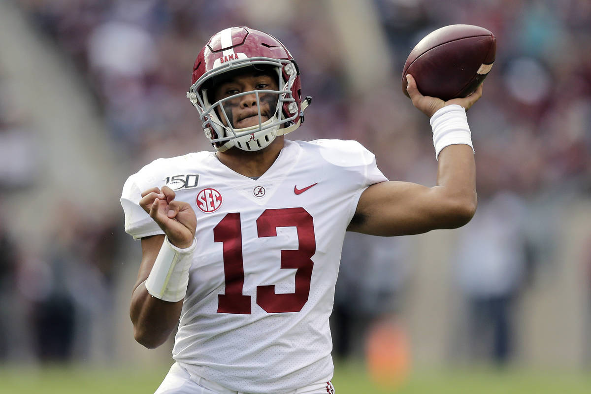 FILE - In this Oct. 12, 2019, file photo, Alabama quarterback Tua Tagovailoa passes against Tex ...