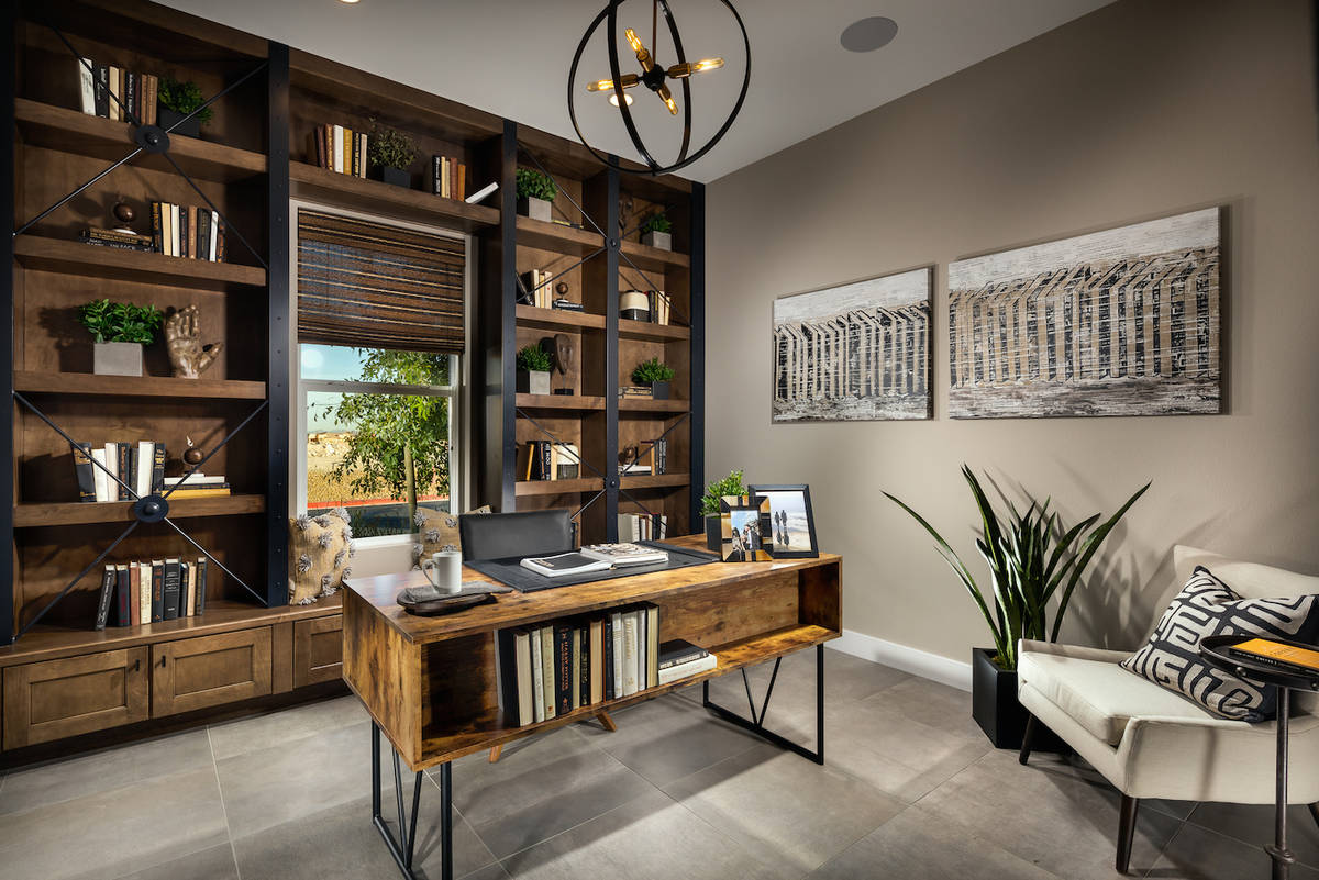 Toll Brothers' Fairway Hills Oakmont floor plan offers a modern office with a dark wood library ...