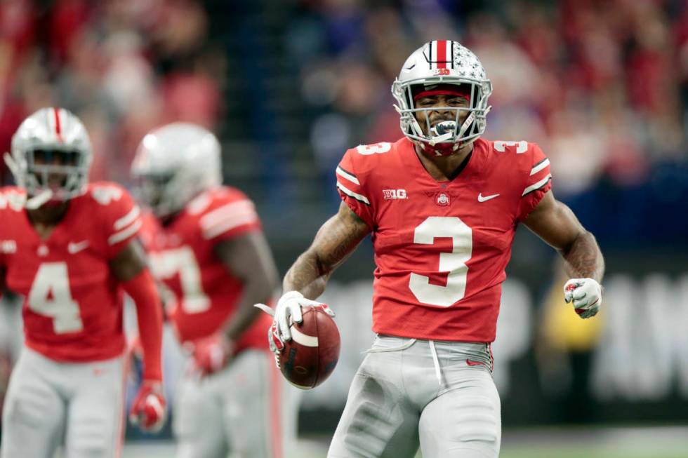 FILE - In this Dec. 1, 2018, file photo, Ohio State cornerback Damon Arnette (3) celebrates aft ...