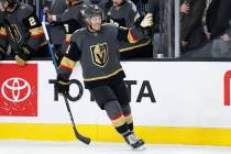 Vegas Golden Knights center Nick Cousins (21) celebrates after scoring against the Edmonton Oil ...