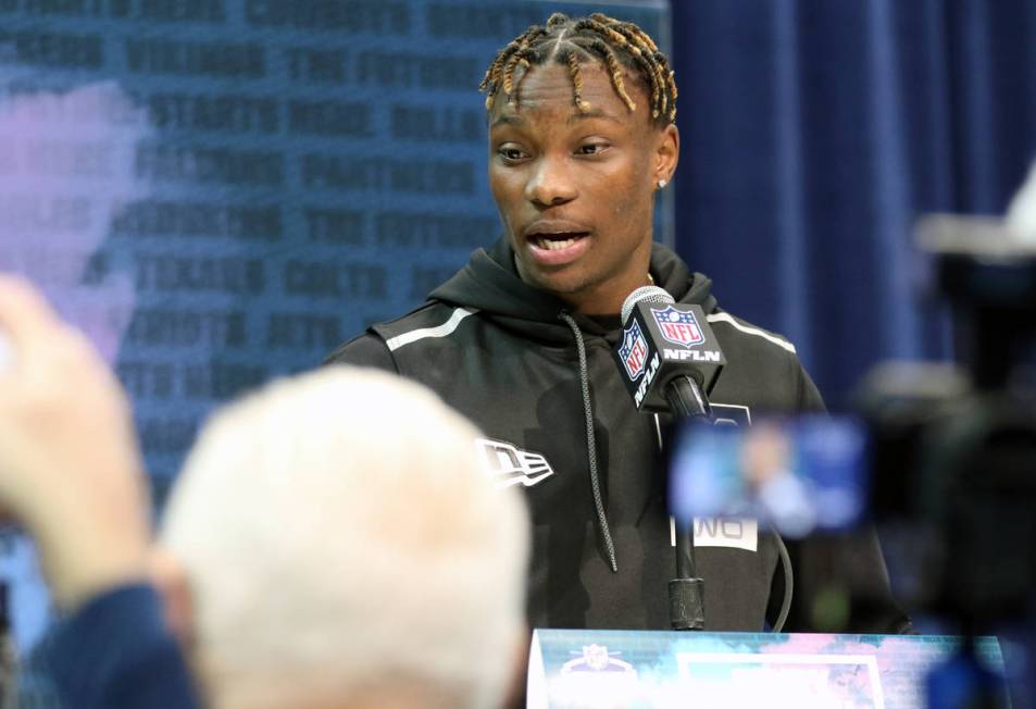 Alabama wide receiver Henry Ruggs III speaks at the NFL scouting combine at the Indianapolis Co ...