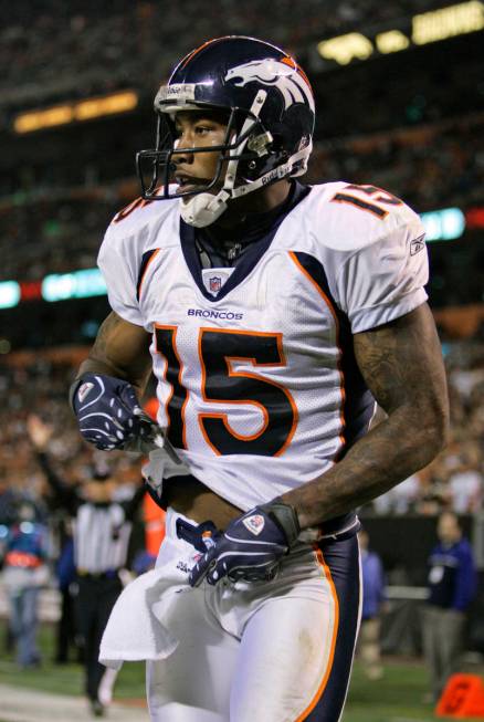 ** FILE ** In this Nov. 6, 2008 file photo, Denver Broncos wide receiver Brandon Marshall start ...