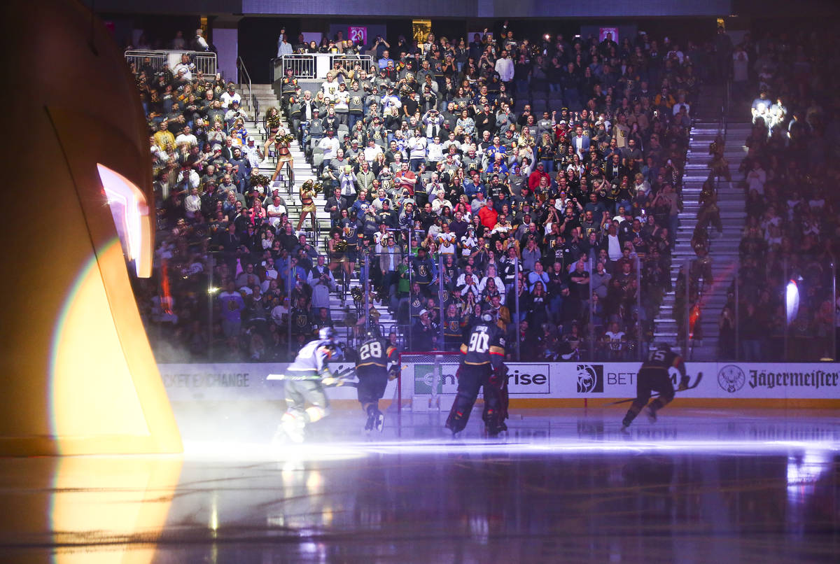 Golden Knights goaltender Robin Lehner (90) skates on the ice before playing the Buffalo Sabres ...