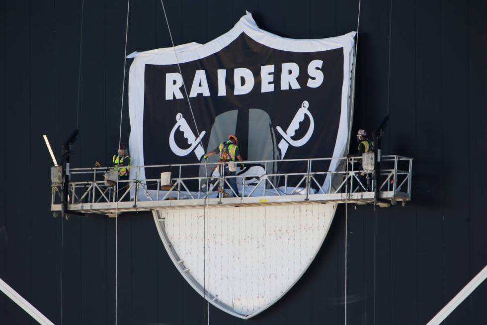 The shield logo is installed at the Las Vegas Raiders headquarters and practice facility in Hen ...