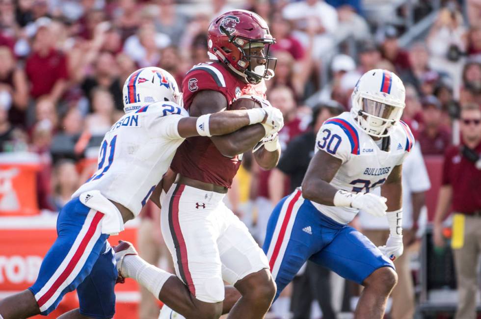 South Carolina wide receiver Bryan Edwards (89) runs with the ball against Louisiana Tech corne ...