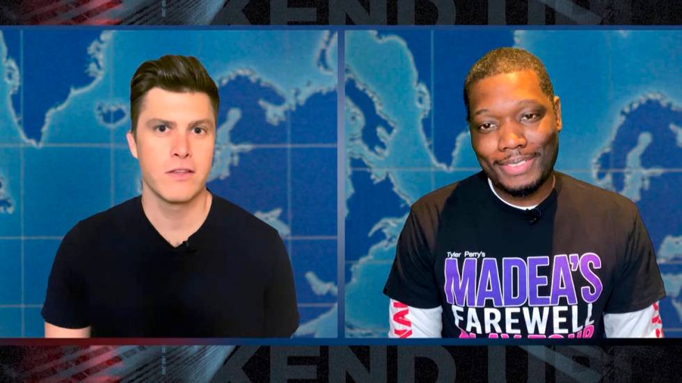 In this screengrab provided by NBC, anchors Colin Jost, left, and Michael Che appear in the Wee ...
