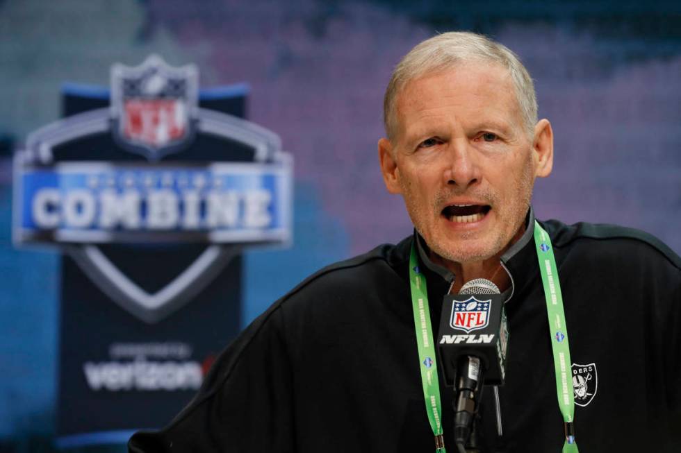 FILE - In this Feb. 25, 2020, file photo, Las Vegas Raiders general manager Mike Mayock speaks ...