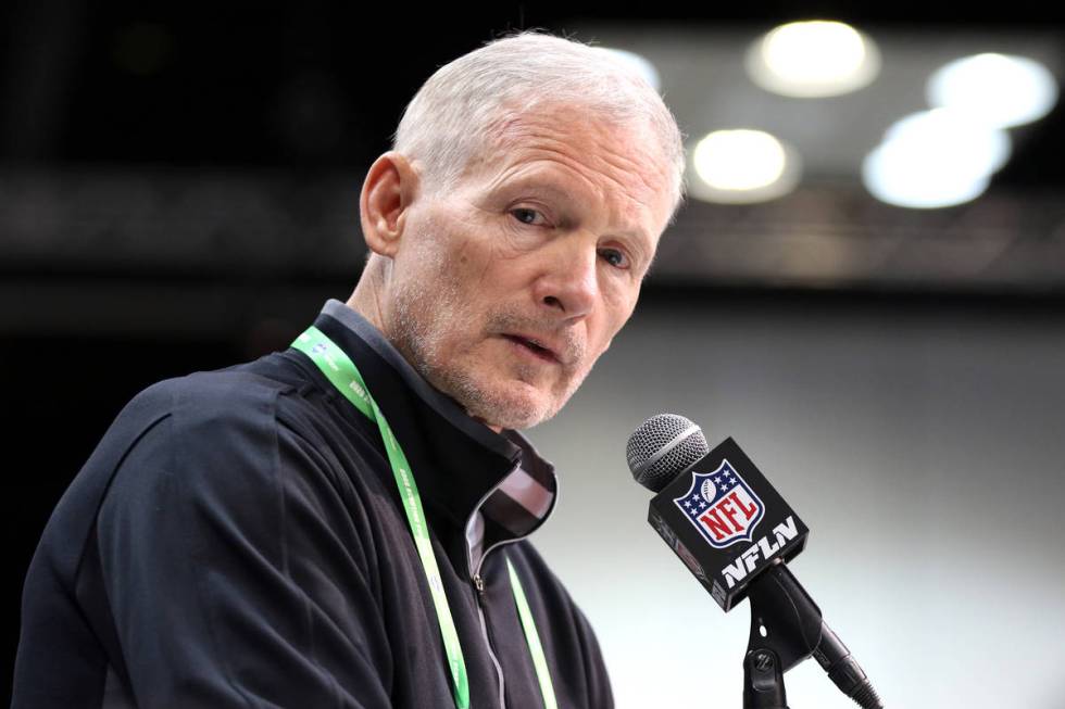 Las Vegas Raiders general manager Mike Mayock speaks at the NFL scouting combine at the Indiana ...