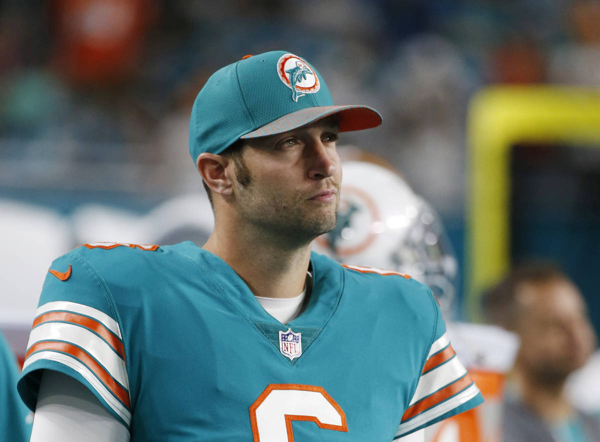 Miami Dolphins quarterback Jay Cutler (6) looks from the sidelines, during the first half of an ...