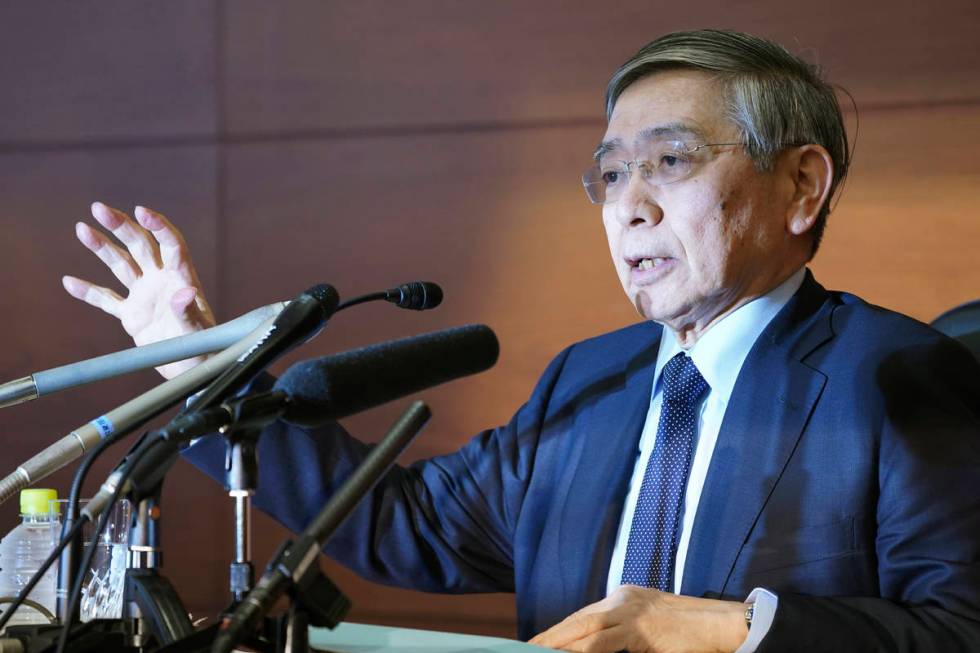 In this March 16, 2020 photo, Bank of Japan Governor Haruhiko Kuroda speaks during a news confe ...