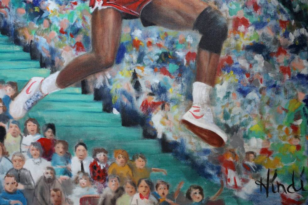 A signed Michael Jordan painting inside the home of Trent Othick in Las Vegas, Tuesday, April 2 ...