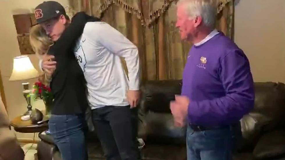 In this still image from video provided by the NFL, LSU quarterback Joe Burrow celebrates being ...