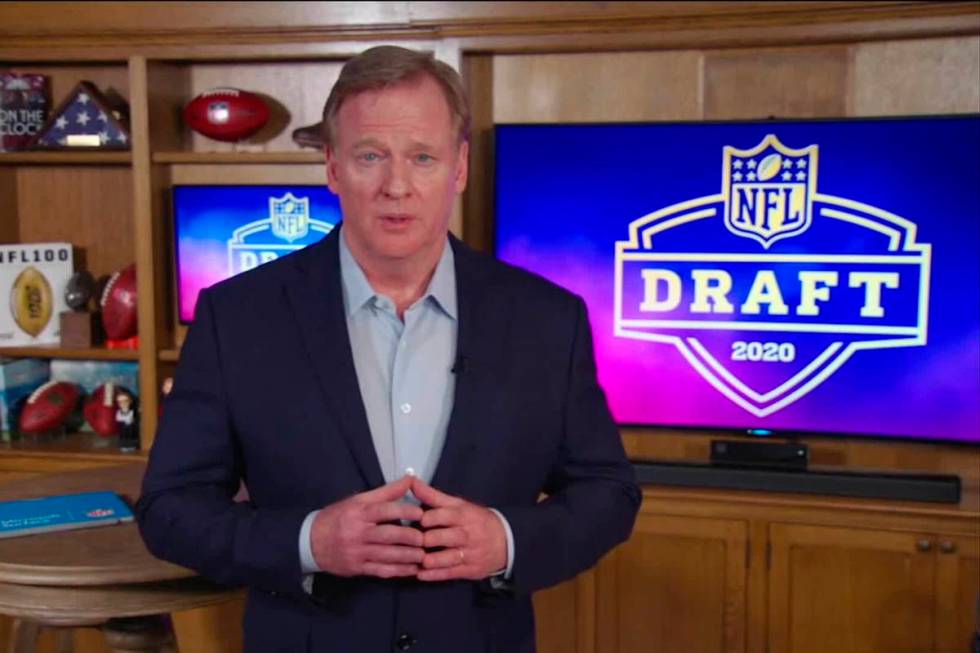 In this still image from video provided by the NFL, NFL Commissioner Roger Goodell speaks from ...