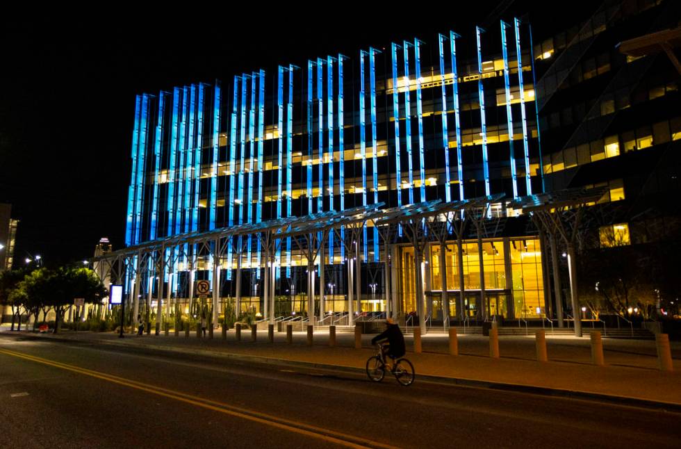 The flag of Israel is displayed at Las Vegas City Hall in honor of Israel's 72nd Independence D ...